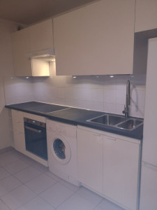 Photo de galerie - Cuisine, meubles en kit, plan de travail, découpe plaque induction, four électrique, évier et joints silicone. 