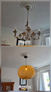 Photo de galerie - Dépose et repose de lustre sur moulure. 