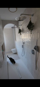 Photo de galerie - Réalisation d’une salle de bain complète (carrelage sol et murs, meuble vasques, double colonnes de douche encastrées, wc suspendu)
