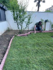 Photo de galerie - Aménagement d'un jardin avec installation de bordures, diverses plantations et pose d'un gazon Naturel sur mesure 