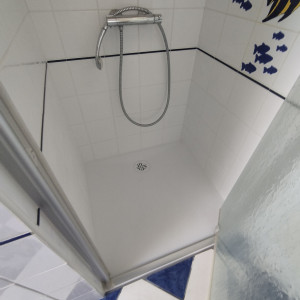 Photo de galerie - Démontage de l'ancien receveur de douche et pose d'un nouveau.
Réfection des faïences jusqu'au liseré bleu .
Mise en place d'un produit sous faïences et réparation de la fuite à l'écoulement.
