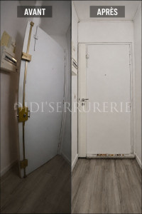 Photo de galerie - Remplacement d’une ancienne serrure multipoints en applique par une serrure carénée, pour une finition plus esthétique, moderne et sécurisée.