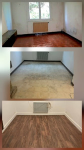 Photo de galerie - Dépose d’un carrelage mal collé et pose d’un parquet flottant lame pvc clipsable et plinthes . 