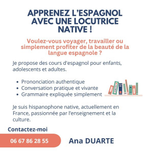 Photo de galerie - Bonjour ! ?
Hispanophone native, je propose des cours d'espagnol sur-mesure pour enfants, adolescents et adultes.

? Ce que je propose :
• Prononciation authentique et conversation pratique
• Grammaire expliquée simplement
• Préparation.