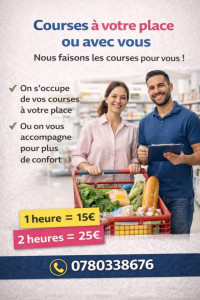 Photo de galerie - Courses à votre place ou avec vous
Nous faisons vos courses pour vous
ou nous vous accompagnons.
✔ Simple et pratique
✔ Idéal pour gagner du temps
? 1 heure = 15€
? 2 heures = 25€
? Contact : 0780338676

Service de courses personnalisé