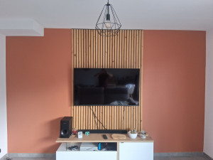 Photo de galerie - Réalisation peinture , installation des tasseaux de bois , du support télé et installation de l'applique 