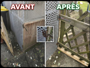 Photo de galerie - Remise en état : charnière redressée à l'étau et portillon parfaitement réaligné.