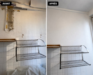 Photo de galerie - Avant / Après rénovation suite à sinistre ✨ Préparation des supports, enduit, ponçage, traitement anti-humidité, pose de toile de verre et mise en peinture pour un rendu propre et durable. Installation de cache-câbles et finitions soignées.