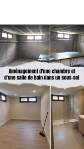 Photo de galerie - Création d'une chambre et d'une salle de bain dans le sous-sol d'une maison.
Changement de fenêtres, isolation des murs, pose de placo, électricité, plomberie, carrelage, peintures, installation sanitaire...