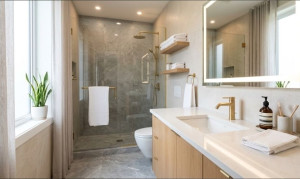 Photo de galerie - Prestation de nettoyage professionnel pour cette salle de bains moderne, incluant le nettoyage, le détartrage, la désinfection et la mise en ordre de l'espace.

