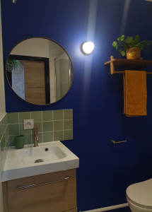 Photo de galerie - Préparation du support, mise en peinture, fixation miroir et luminaire, pose du meuble avec vasque. 