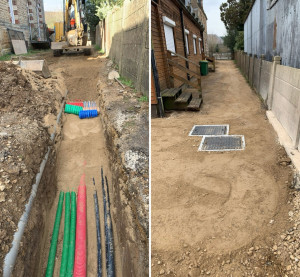 Photo de galerie - Chantier de réseaux ( Telecom, élec, AEP, refoulement) ainsi que pose de chambre L1T. 25-30 cm de sable avec grillage avertisseur