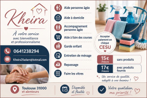 Photo de galerie - Bonjour, je propose mes services à domicile sur Toulouse et alentours. Aide aux personnes âgées, courses, ménage, repassage, vitres et garde d enfants. Sérieuse, disponible et flexible. N hésitez pas à me contacter pour plus d informations.