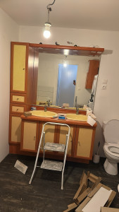 Photo de galerie - Réalisation complète d’une salle de bain complète cloison plafond sol écoulement arrivée et alimentation eaux chaude et froide électricité complète enduit peinture agencement avec baignoire douche italienne lavabo double vasque wc bidet 