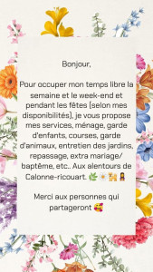 Photo de galerie - Garde chiens, chats, enfants.
Ménage, courses, etc.. 