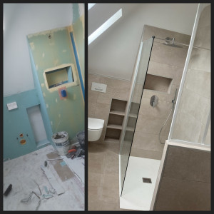 Photo de galerie - Salle de bain avec création de niche et d'étagères carrelée 