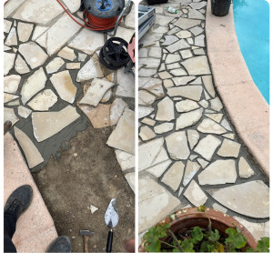 Photo de galerie - Réfection terrasse en pierre naturelle autour d’une piscine