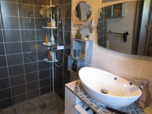 Photo de galerie - Renovation d'une salle de bain en faience bicolore, une douche a l'italienne ainsi qu'une vasque sur meuble