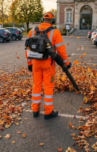Photo de galerie - Soufflage des feuilles mortes en automne ou après tempête.  parkings des entreprises et propriétés privées. évacuation vers déchetterie. 
Souffleur thermique autonome 285 km/h.