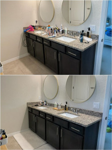 Photo de galerie - Nettoyage complet de salle de bain avec désinfection, rangement et finition soignée pour un résultat propre et brillant