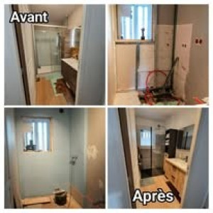 Photo de galerie - Rénovation d'une salle de douche
Dépose de la cabinen, modification de la plomberie 
Pose du receveur extra plat 
Carrelage 