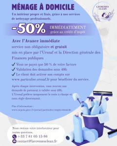 Photo de galerie - Ménage à domicile sans contrainte… et à moitié prix
Avec l’Avance Immédiate du crédit d’impôt, vous ne payez que 50% de votre ménage, directement.
✔ Service simple, rapide et sans engagement
✔ Validation en 48h
✔ On vous accompagne de A à Z