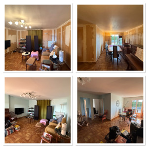 Photo de galerie - Avant/ après d’un salon detapissage, pose de toile, peinture 