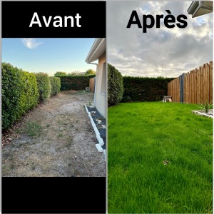 Photo de galerie - Jardin avant/après, terrain retourné, lissé, engrais, gason
