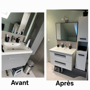 Photo de galerie - Dépose et remplacement du meuble,robinetterie, vasque, mirroir, colonne.