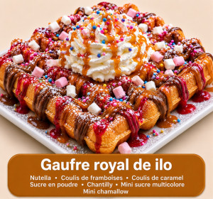 Photo de galerie - Très gourmande gaufres royale ! spécialité de la maison, mélange de saveur : Nutella, coulis de framboises et de caramel, sucre en poudre, chantilly, mini sucre multicolore, mini Chamallow 