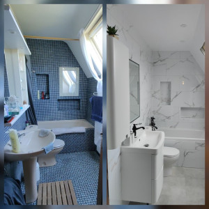 Photo de galerie - Avant / après salle de bain 
électricité ( prises / lumière )
Plomberie
sol / murs/ plafond 
pose velux 
pose WC/ baignoire / vasque / meubles 
évacuations des eaux 