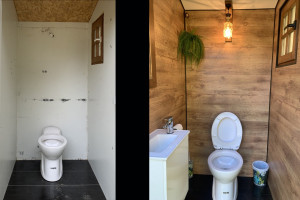 Photo de galerie - Rénovation de toilettes. Pose de carrelage, revêtement mural, l'installation électrique, pose de lambris PVC au plafond, montage et l'installation d'un meuble lave-mains, installation de toilettes (broyeur), raccordements eau et évacuation.