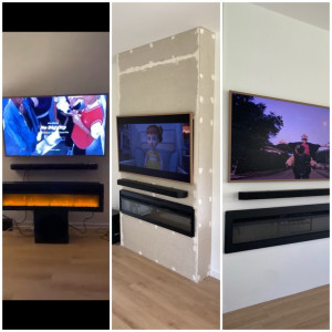 Photo de galerie - Coffrage télévision et chauffage style cheminée encastrée 