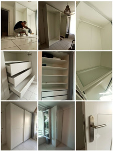 Photo de galerie - Montage et installation d'un grand meuble dressing PAX Ikea
​Assemblage complet du caisson, pose des portes coulissantes, fixation de la penderie, des étagères et des tiroirs intérieurs. Ajustements précis et travail propre.