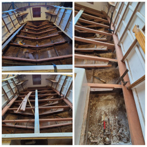 Photo de galerie - Réfection du fond de coque + remplacement des traverses et des plats bords en Acajou sur une petite vedette.