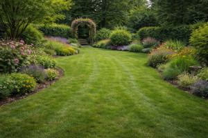 Photo de galerie - Mise en valeur d'un espace avec tonte de pelouse  et création de massifs.
