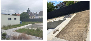 Photo de galerie - Avant/après: Débroussaillage et nettoyage complet du terrain avec terrassement, nivellement et préparation du terrain autour de la piscine et des espaces extérieurs.