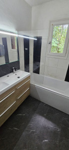 Photo de galerie - Changement complet de la salle de bain (meuble vasque, baignoire, paroi de douche, miroir. sol en vinyle avec mur en même matière)