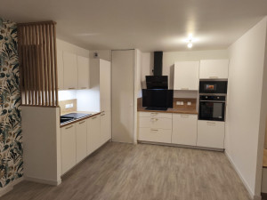 Photo de galerie - Montage meubles cuisine et électroménager, réalisation demi-cloison et pose claustra en bois chêne massif