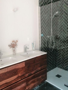 Photo de galerie - Rénovation de salle de bain (meuble double vasques, bac à douche extra plat, paroi fixe et colonne de douche). 