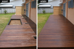 Photo de galerie - Création d'une terrasse en bois, fixation des lames invisible, avec de nombreuses trappes de regard