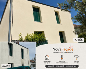 Photo de galerie - Rénovation complète de façade avec traitement des fissures et finition soignée à la main.