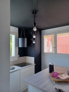Photo de galerie - Pienture mur plafond pose de hotte suspendue 