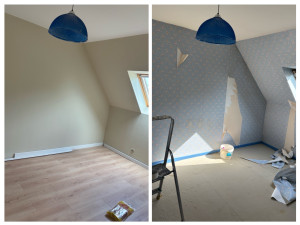 Photo de galerie - Avant/Après : rénovation complète avec retrait du papier peint, préparation des murs, peinture, pose d’un nouveau parquet et finitions. Une pièce entièrement modernisée.