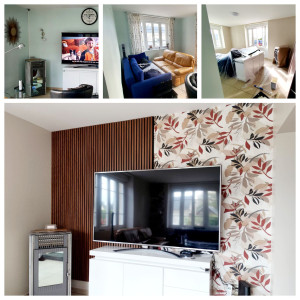 Photo de galerie - Rénovation d'un salon complet.
peinture,papier peint et pose de panneaux décoratif 