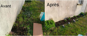 Photo de galerie - Nettoyage d'un pare terre de fleur 
suppression des mauvaises herbes, ramassage des feuilles, réajustement des petites barrières et ajout de nouveaux plants