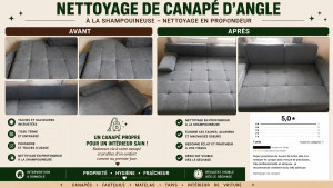 Photo de galerie - Nettoyage en profondeur d’un canapé d’angle à la shampouineuse – résultat avant/après 
