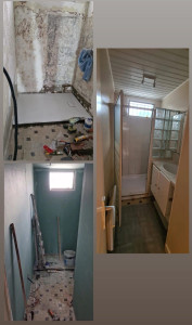 Photo de galerie - Démolition ancienne salle de bain et remise au propre des mûrs.  (placo hydro mûrs et plafond,faience ,pose miroir, meuble, bac douche,colonne)