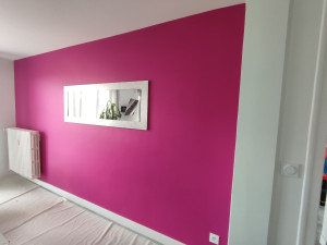 Photo de galerie - Application d'une peinture velours sur un mur de couleur Rose Jive.