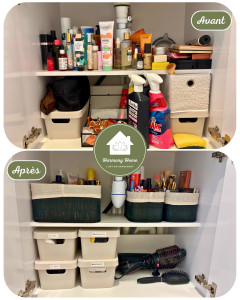 Photo de galerie - Avant-après rangement d'un placard de salle de bain